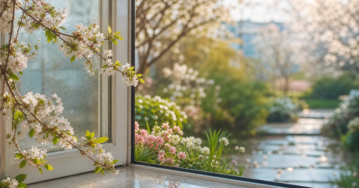 April blossoms beside a rain-speckled window with soft spring light and a garden path.