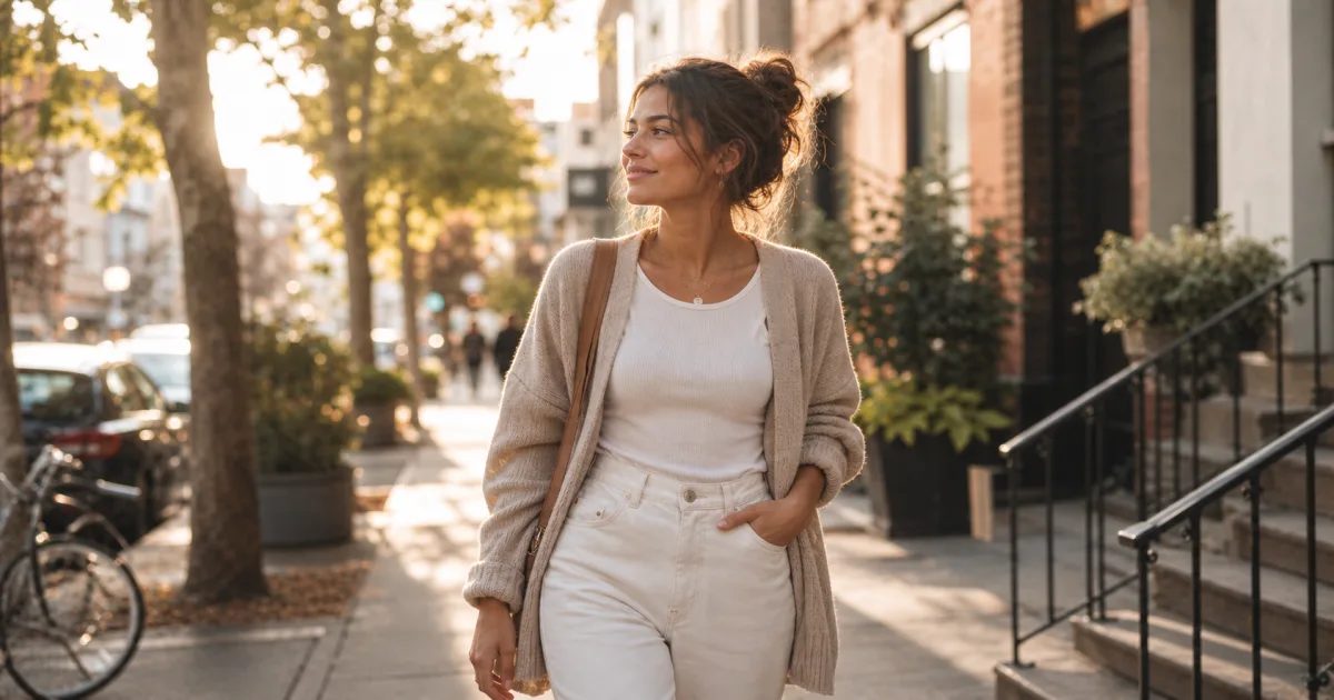 An editorial scene of a person walking confidently in natural light with a calm, self-possessed presence that suggests authenticity.