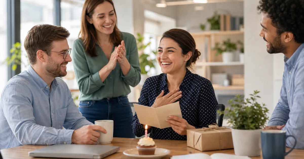 A contextual editorial image for birthday wishes for coworkers: 48 friendly, professional messages.
