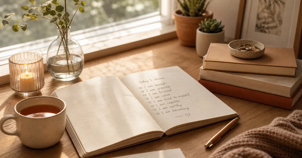 A soft editorial morning scene with an open journal, handwritten affirmations, and warm sunlight on a calm desk.