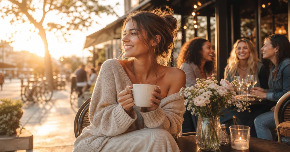 A warm editorial Friday scene with golden evening light, relaxed weekend energy, and a sense of end-of-week relief.