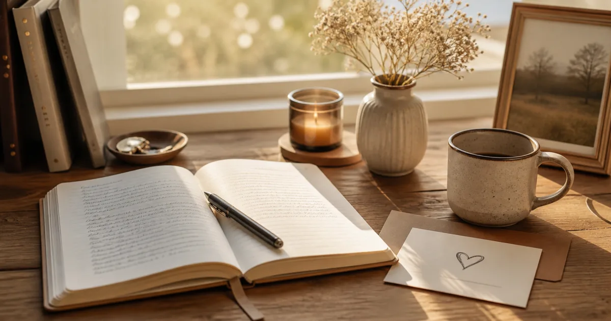 A soft editorial gratitude scene with an open journal, a thank-you note, and warm morning light on a calm desk.