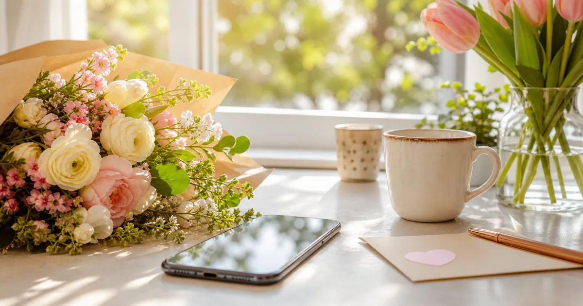 A bright editorial morning scene with flowers, sunlight, and a thoughtful note or phone ready to send a kind message.