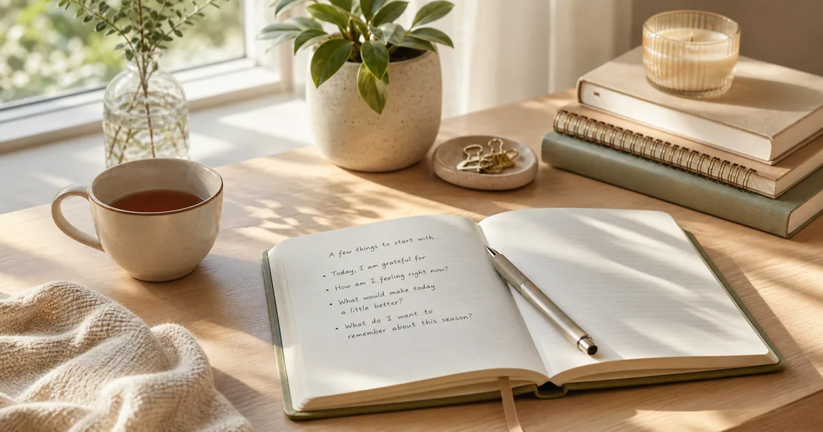 A soft editorial beginner journaling setup with an open notebook, pen, tea, and warm daylight on a calm desk.