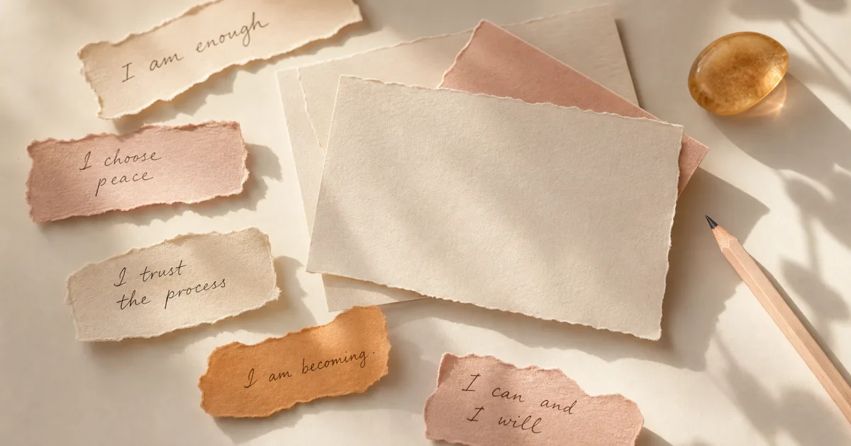 A soft editorial composition with affirmation cards and handwritten phrases arranged to suggest writing supportive self-talk.