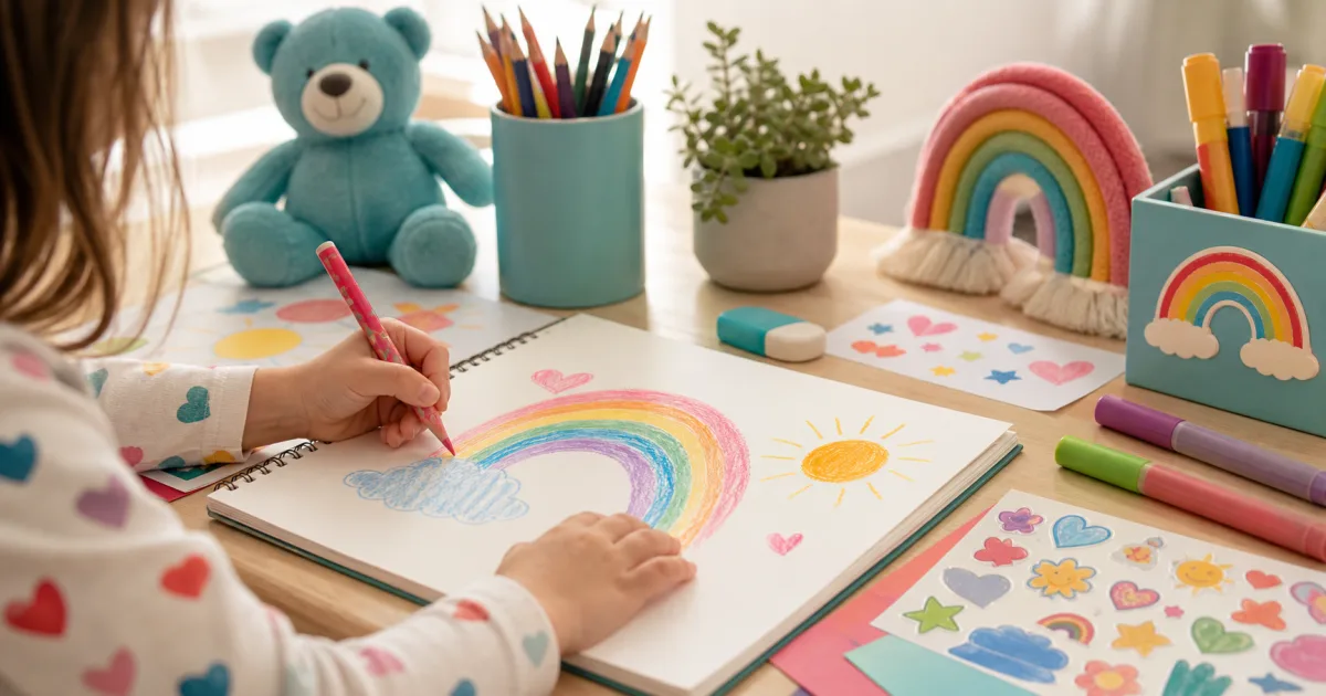 A contextual editorial image for journal prompts for kids: 80 gentle ideas for creativity and feelings.