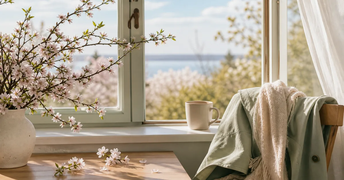 A soft editorial early-spring scene with budding branches, pale blossoms, and fresh March light through a window.