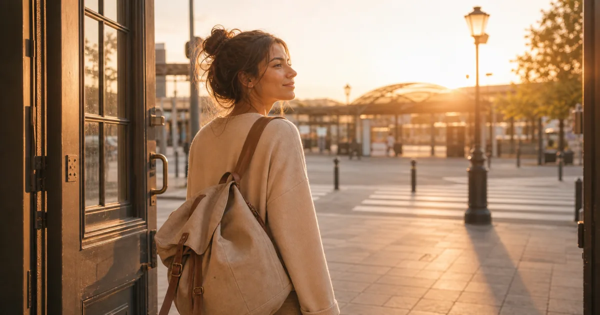 An editorial early-morning scene of a person stepping into soft sunrise light, suggesting a fresh start and a new chapter.