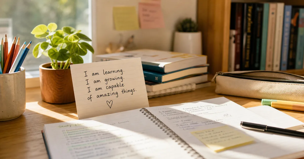 A warm editorial school scene with a notebook, pencils, and a handwritten student affirmation card in soft daylight.