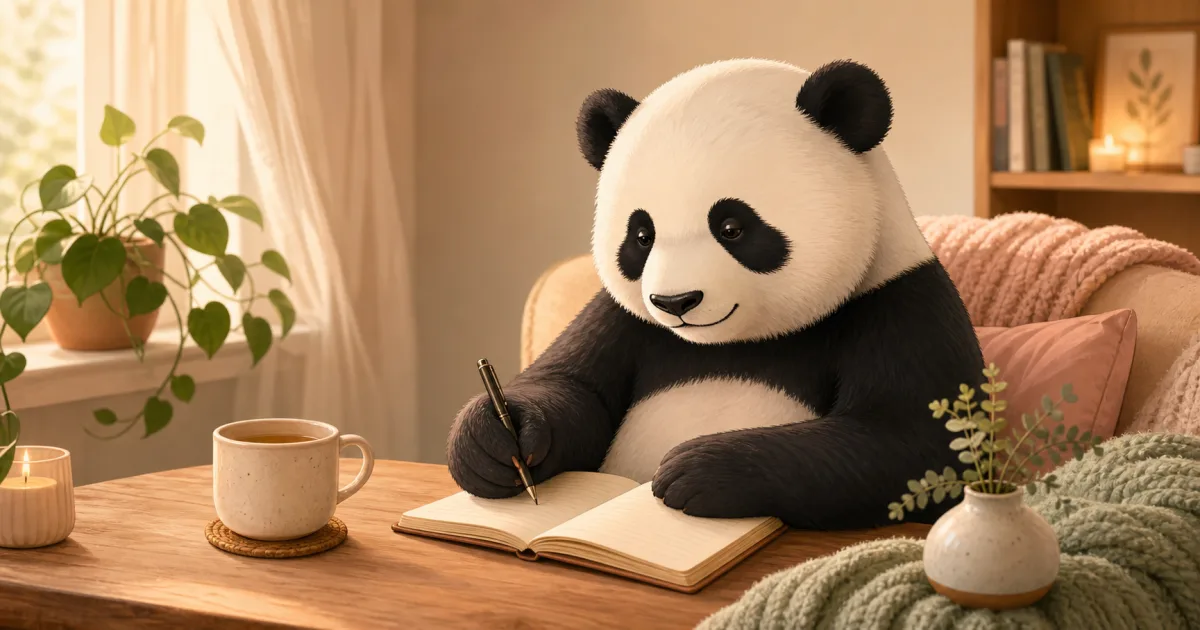 A soft editorial illustration of a calm panda journaling in a warm private space with tea, plants, and a gentle self-care atmosphere.