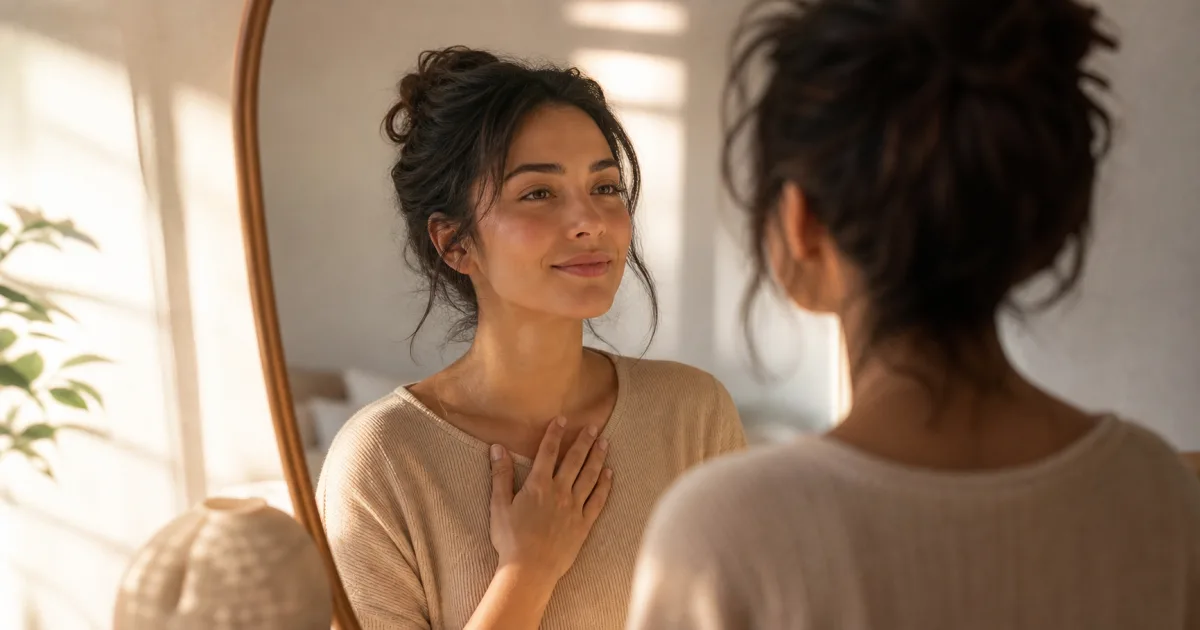 A soft editorial portrait of a person meeting themselves gently in warm morning light, suggesting self-respect and self-kindness.