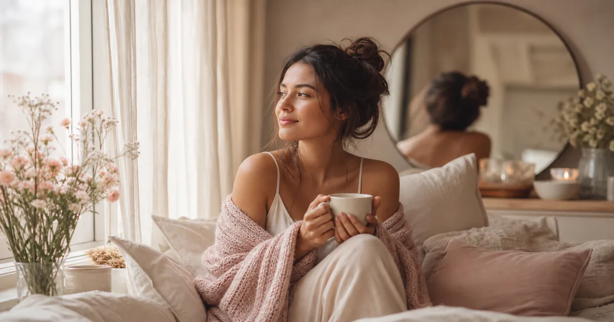 A soft editorial self-care scene with a woman in warm morning light, surrounded by gentle home details that suggest calm and self-kindness.