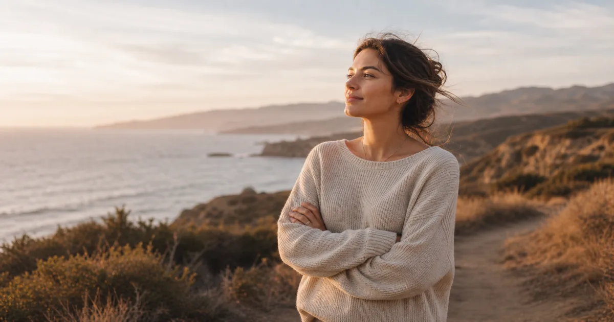 An editorial outdoor scene of a woman standing calmly in open light with a wide horizon, suggesting quiet strength and resilience.