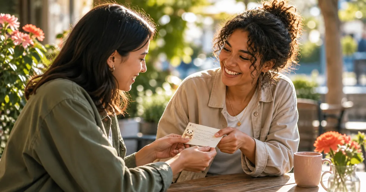 Two friends sharing a warm appreciation note in soft natural light.
