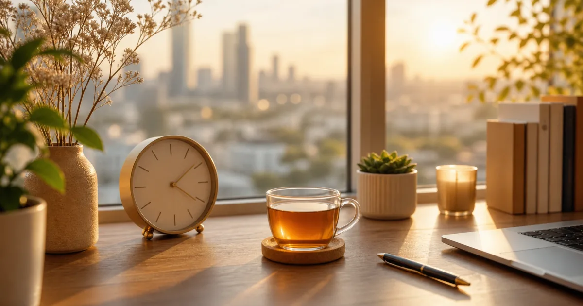 A soft editorial late-week workspace with warm afternoon light, tea, a clock, and a city-facing window.