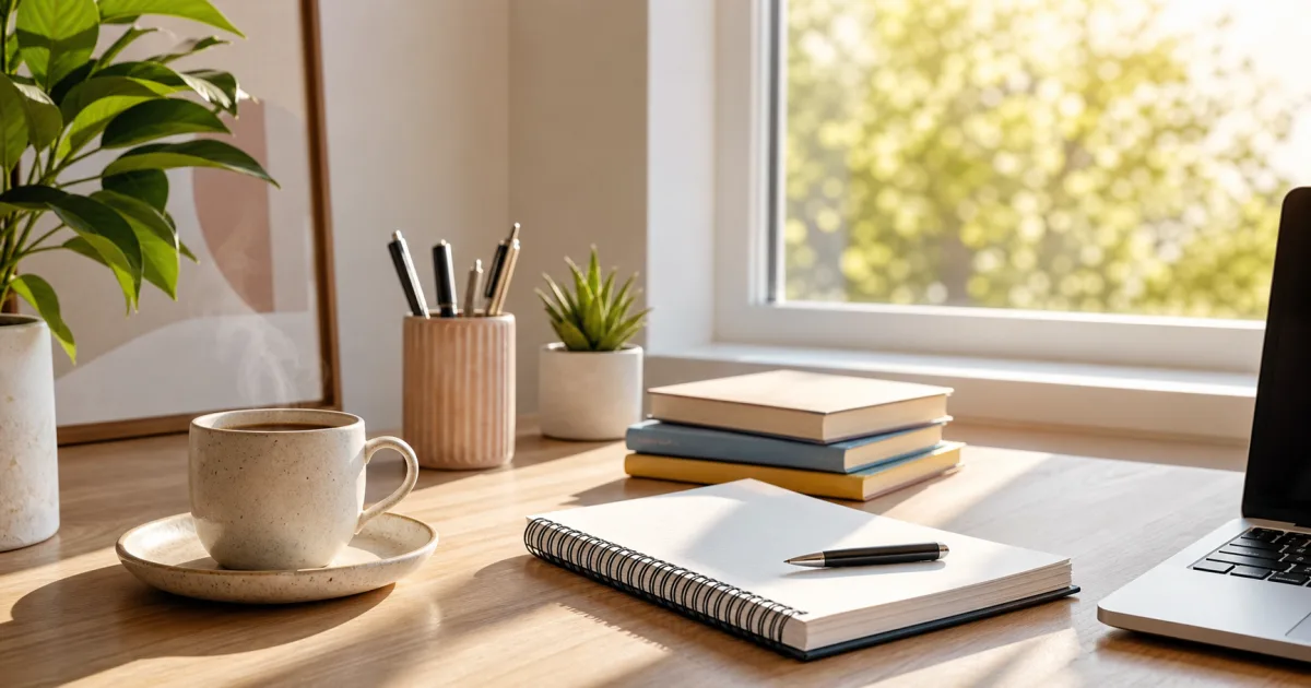 A soft editorial Tuesday morning desk scene with sunlight, coffee, and a notebook ready for the day.