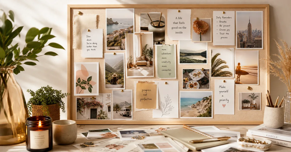A bright editorial vision board scene with curated images, notes, and soft daylight on a creative workspace.