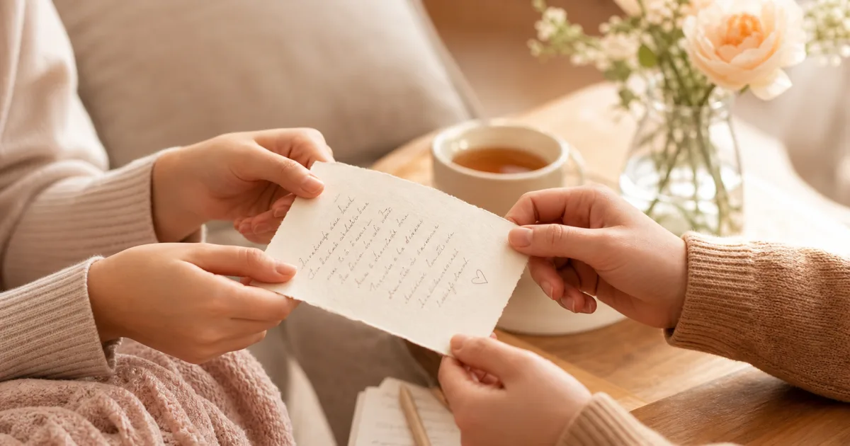 A warm editorial scene of hands holding a handwritten affirming note in soft indoor light.