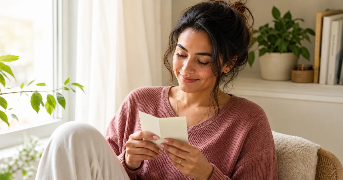 A person reading a kind message in soft window light, suggesting warmth, beauty, and self-worth.