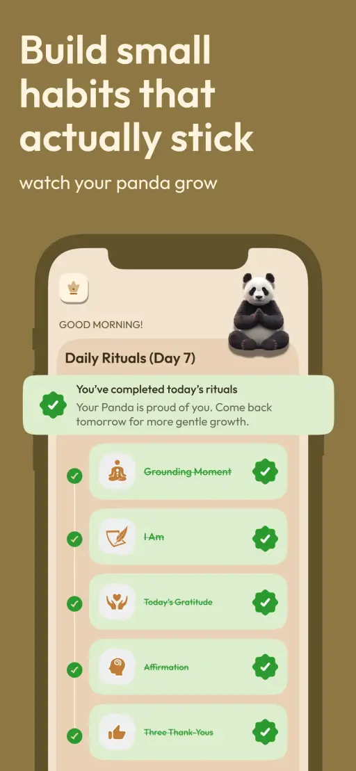 Home screen showing today's gratitude ritual with panda mascot Home screen showing today's gratitude ritual with panda mascot